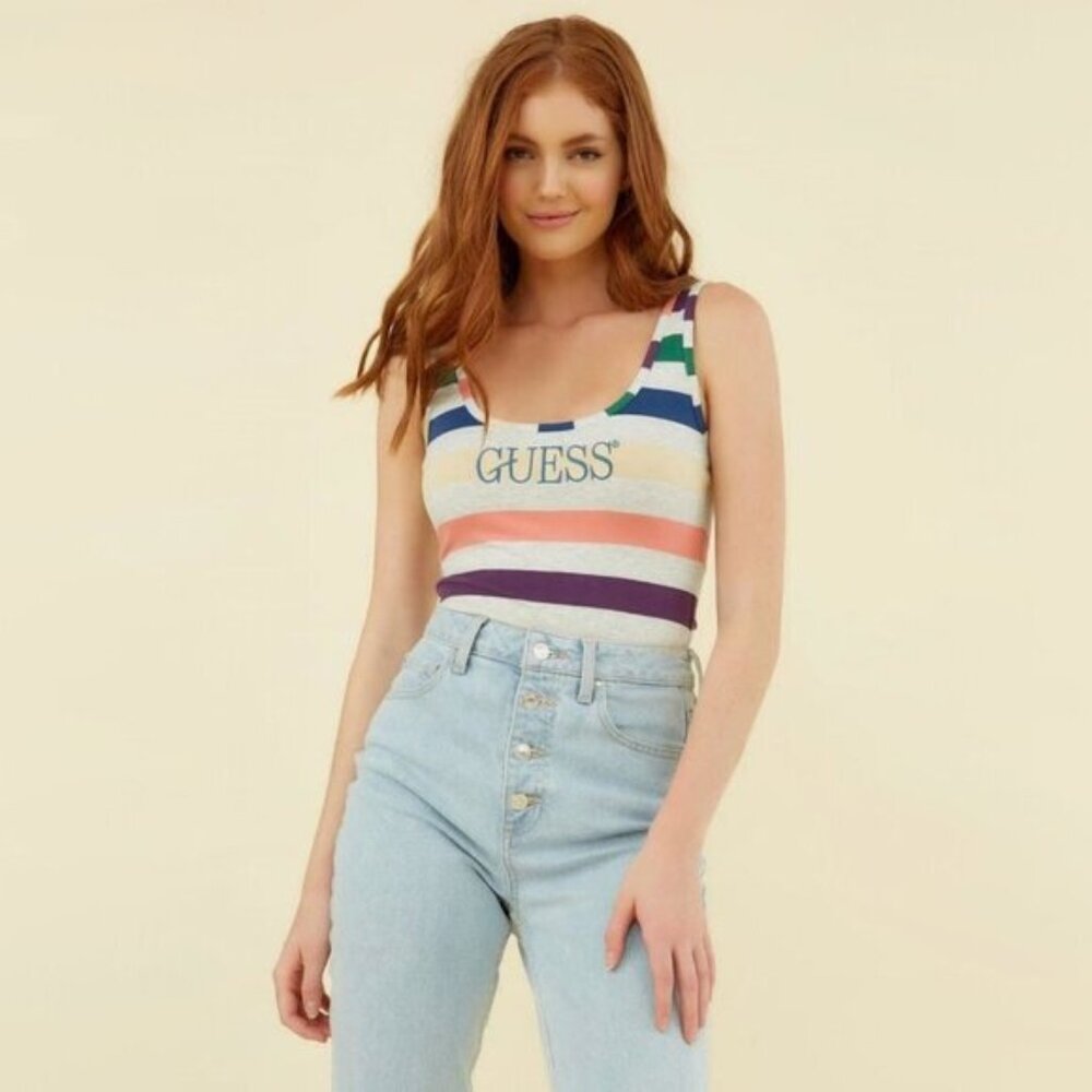 NWT Guess heather grey & multicolour stripe logo tank bodysuit XS